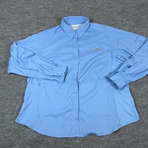 Columbia PFG 1X Light Blue Long Sleeve Snap Up Rip Stop Outdoor Shirt Omni Shade